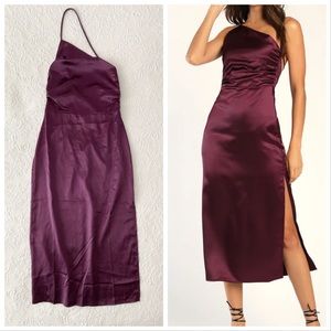 NWOT Lulus Call Me Confident Purple Satin One-Shoulder Lace-Up Midi Dress Medium